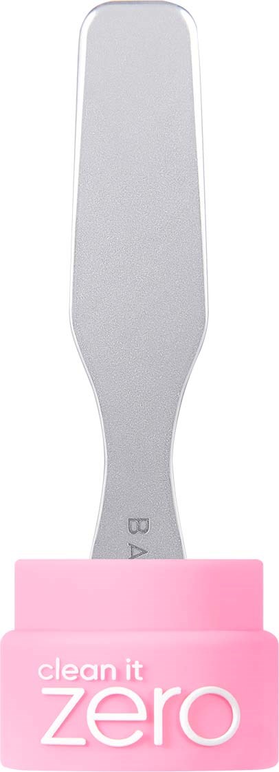 Een klein metalen gereedschap met een plat blad en een roze houder met 'clean it zero' erop.