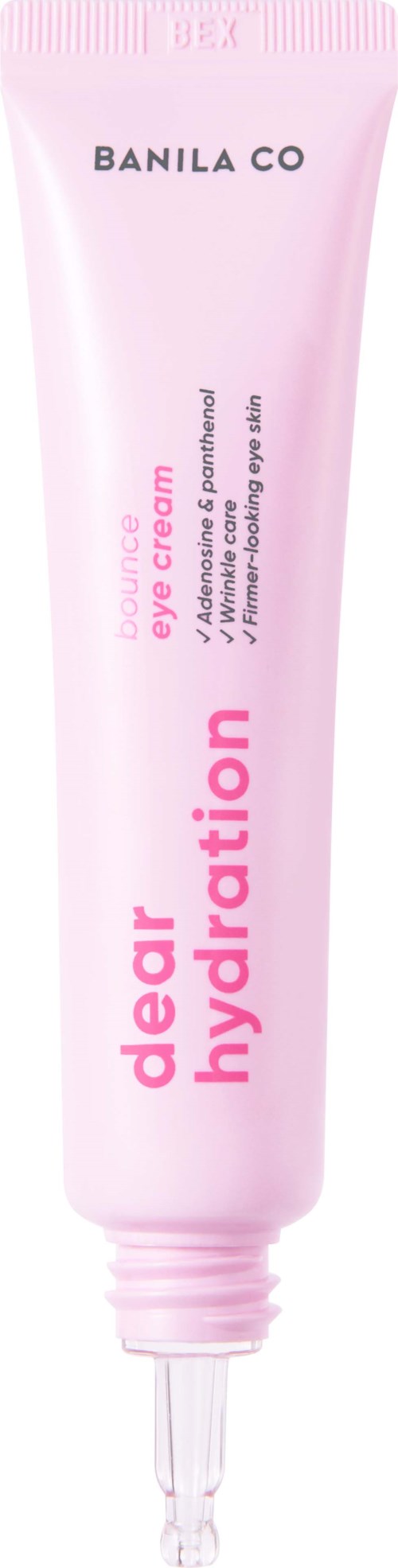 Roze tube oogcrème met zwarte tekst, gelabeld "dear hydration" door Banila Co.