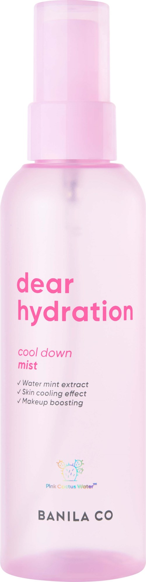 Roze fles met Dear Hydration verkoelende spray met watermunt en huidverzorgingsvoordelen van Banila Co.