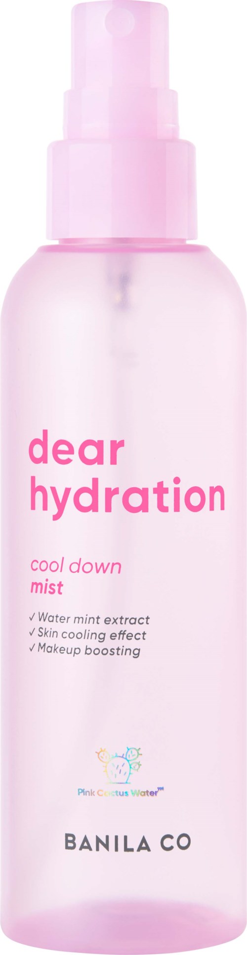 Roze sprayfles met label 'dear hydration', biedt verkoelende mist voor de huid met watermunt extract.
