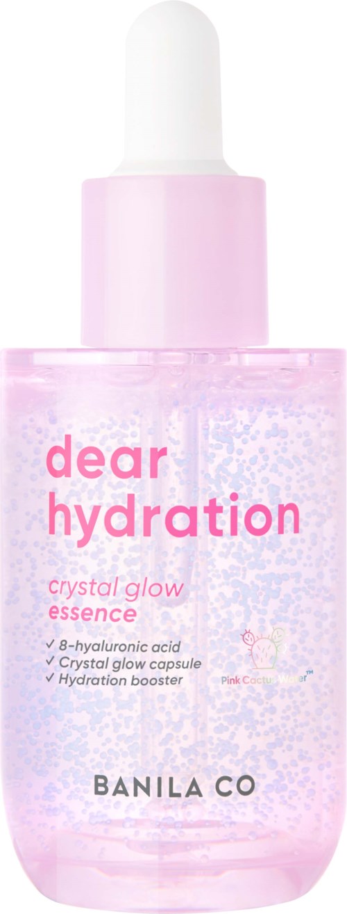 Een roze huidverzorgingsfles met pipet, gelabeld als Dear Hydration crystal glow essence door Banila Co.