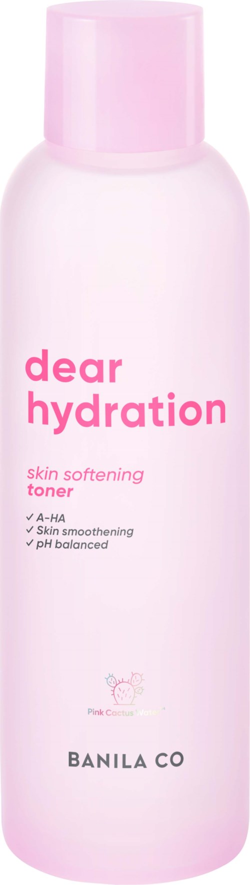 De fles is lichtroze met een donkerroze dop, met label "dear hydration" gezichtsnevel door Banila Co.