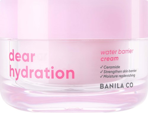 Een roze en doorzichtige pot met huidverzorgingscrème genaamd Dear Hydration Water Barrier Cream van BANILA CO.
