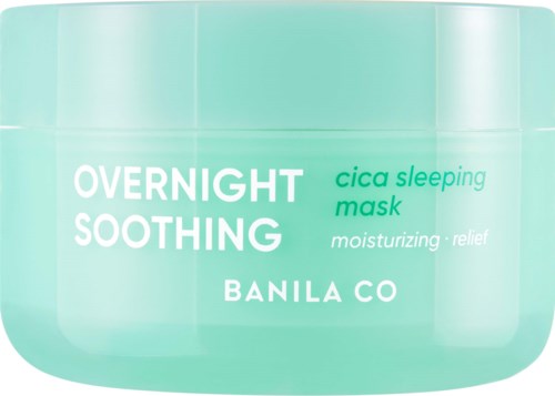 Eine mintgrüne Dose mit dem Aufdruck "Overnight Soothing" und Worten über beruhigende und feuchtigkeitsspendende Haut.