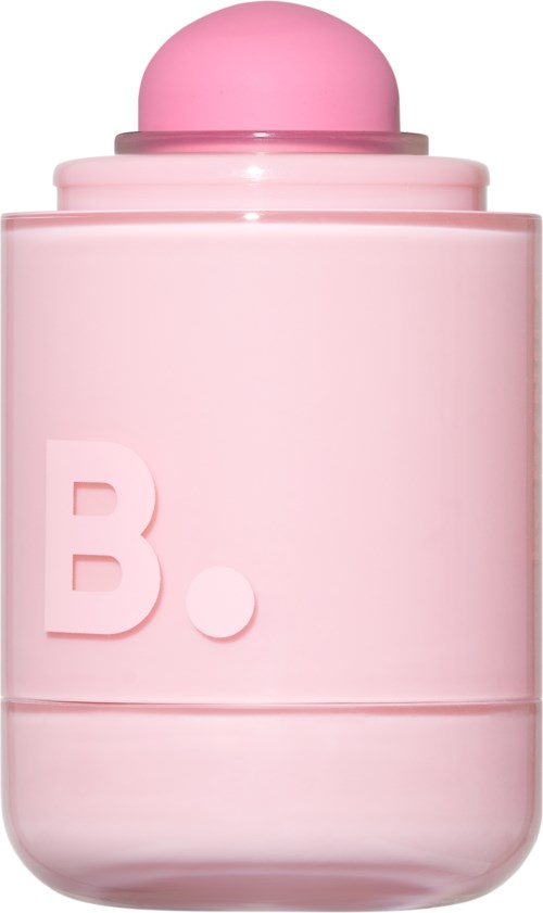 Een roze fles met ronde dop en een grote B en punt aan de voorkant.
