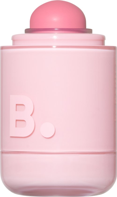 Een roze fles met een ronde bovenkant en de letter B aan de voorkant.