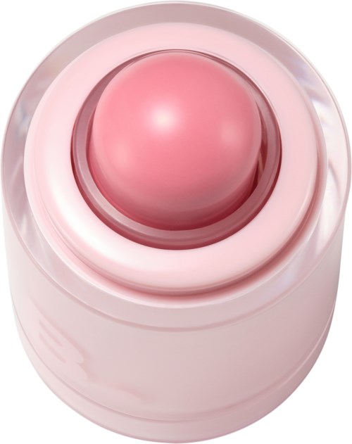 Ein rosa, rundes Hautpflege- oder Kosmetikprodukt in einem Behälter mit glänzender Oberfläche.