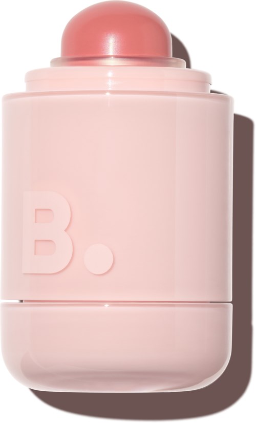 Een roze fles met een ronde dop en de letter B erop. Het heeft een eenvoudig, modern ontwerp.