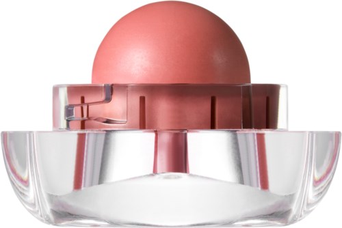 Eine runde Make-up-Bürste in einem durchsichtigen Plastikhalter mit rosa Akzenten. Die Bürste ist braun und glatt.