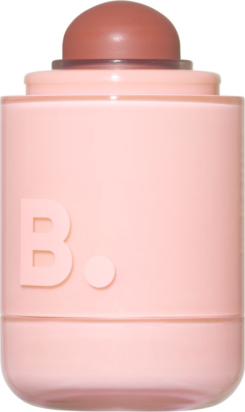 Een roze container met een ronde bovenkant en een letter B op de voorkant. Het lijkt op een cosmetisch of gezondheidsproduct.