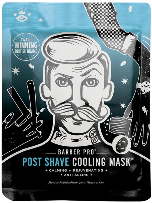 En förpackning för en ansiktsmask för män med en vintage-inspirerad illustration av en man med mustasch, mustasch och hår. Innehåller produktdetaljer.
