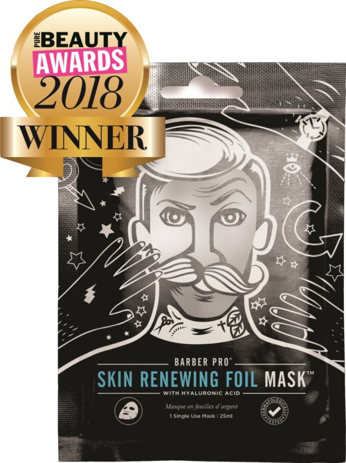 En svartvit ansiktsillustration med mustasch, omgiven av symboler, på förpackning för en hudvårdsfolie.