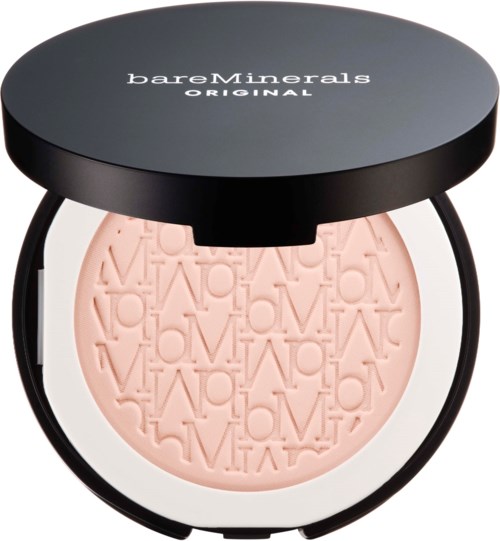 A round makeup compact with a black lid, containing pink powder with embossed letters and words.