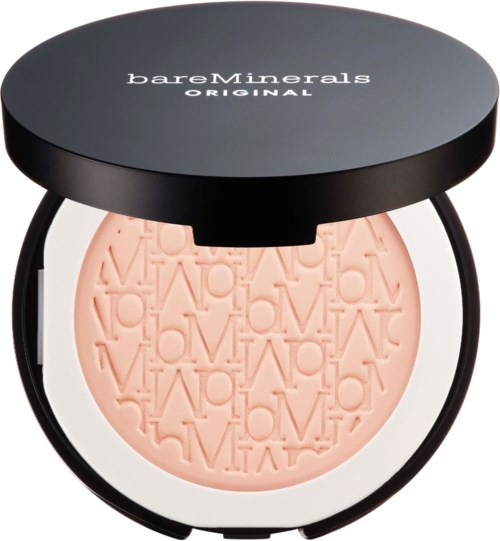 A round open compact with a black lid displaying 'bareMinerals ORIGINAL' and light pink powder embossed with letters.