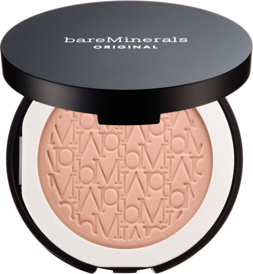 A round compact with beige powder embossed with the word 'LOVE'. The black lid has 'bareMinerals ORIGINAL' written on it.