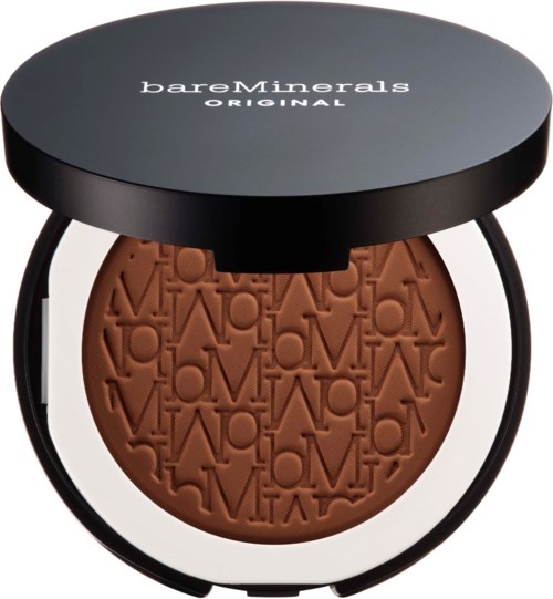 A round makeup compact with a black lid and brown pressed powder inside, featuring a pattern of text. 