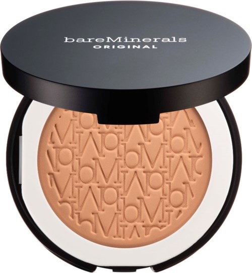 A round cosmetic compact with a black lid and embossed lettering inside. It displays the name 'bareMinerals' on the lid.