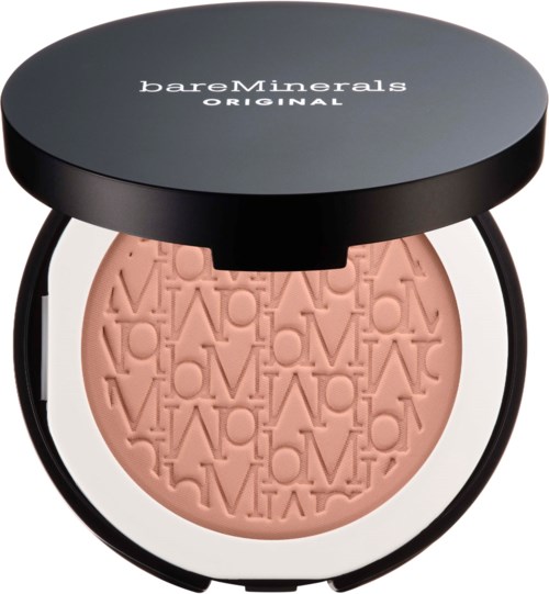 A round blush compact with a black lid labeled 'bareMinerals ORIGINAL' and blush embossed with repeating letter 'M' and 'L'.