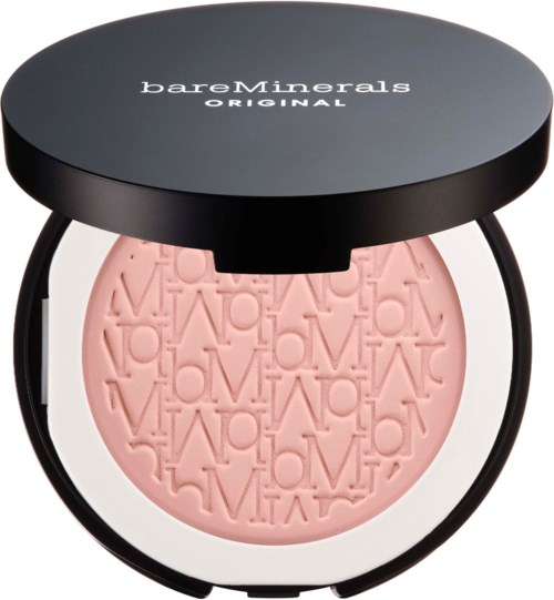 A round, pink blush with embossed letters in a black container labeled 'bareMinerals'.