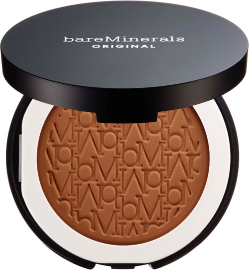 A round, black makeup compact with the brand name 'bareMinerals' on top, open to show pressed powder inside.