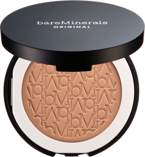 A round compact with pressed powder covered by a black lid, labeled 'bareMinerals ORIGINAL,' with its pattern visible.