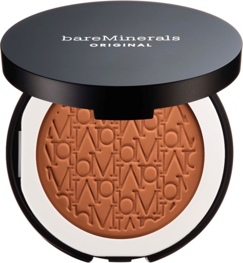 A round makeup compact with a black lid labeled 'bareMinerals ORIGINAL', revealing a brown pressed powder inside.