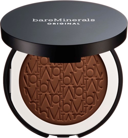 Round brown makeup compact with embossed letters inside, lid labeled "bareMinerals ORIGINAL".