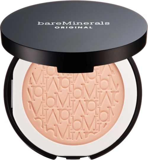 A round blush compact with black lid showing 'bareMinerals ORIGINAL' and pink blush embossed with letters.