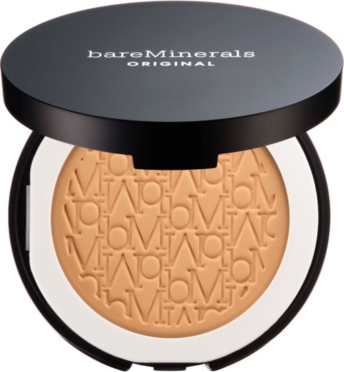 A compact powder with black lid and circular design, featuring embossed letters and the brand name "bareMinerals".
