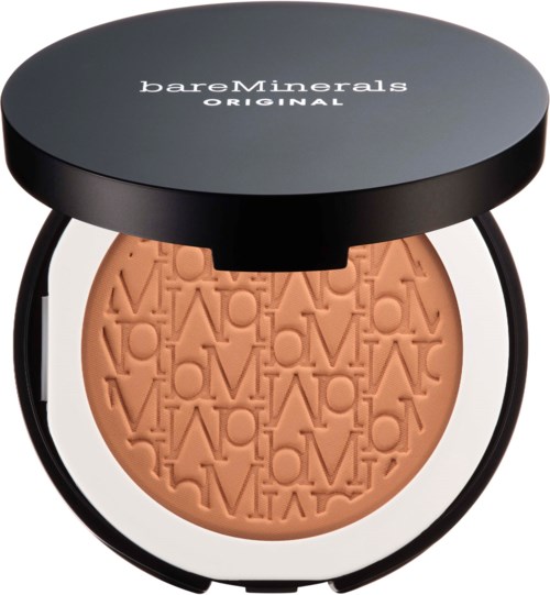 A round compact with beige face powder and a black lid revealing "bareMinerals ORIGINAL" branding.