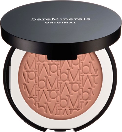 A round blush compact with the brand name 'bareMinerals' on a black lid, showing embossed words in the blush.