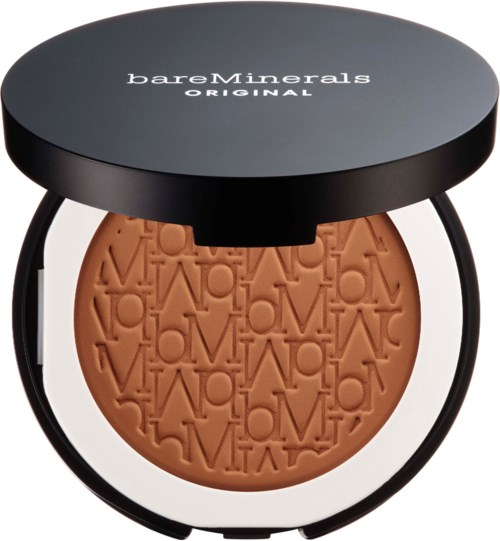 A round pressed powder with the words 'bareMinerals ORIGINAL' on a black lid. Contains light brown makeup.
