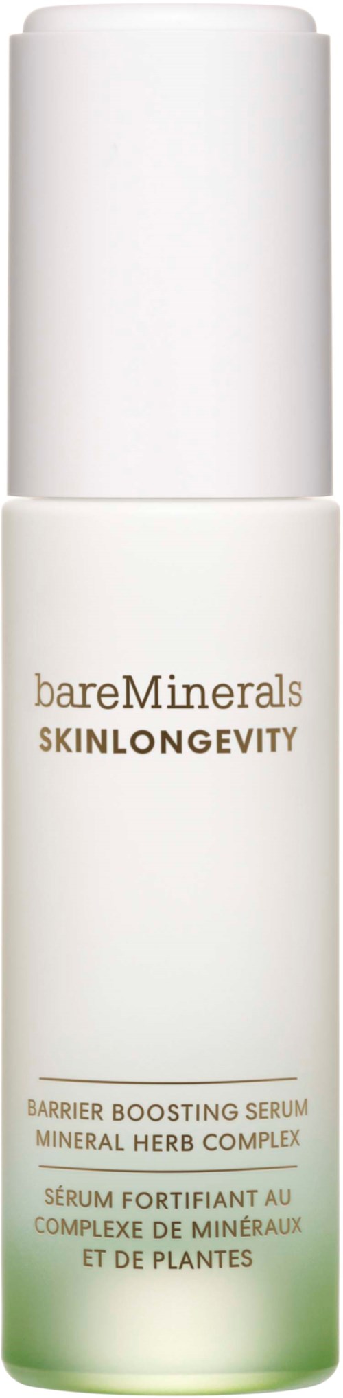 A white bottle with a pump, labeled "bareMinerals" and "SKINLONGEVITY," likely a skincare product.