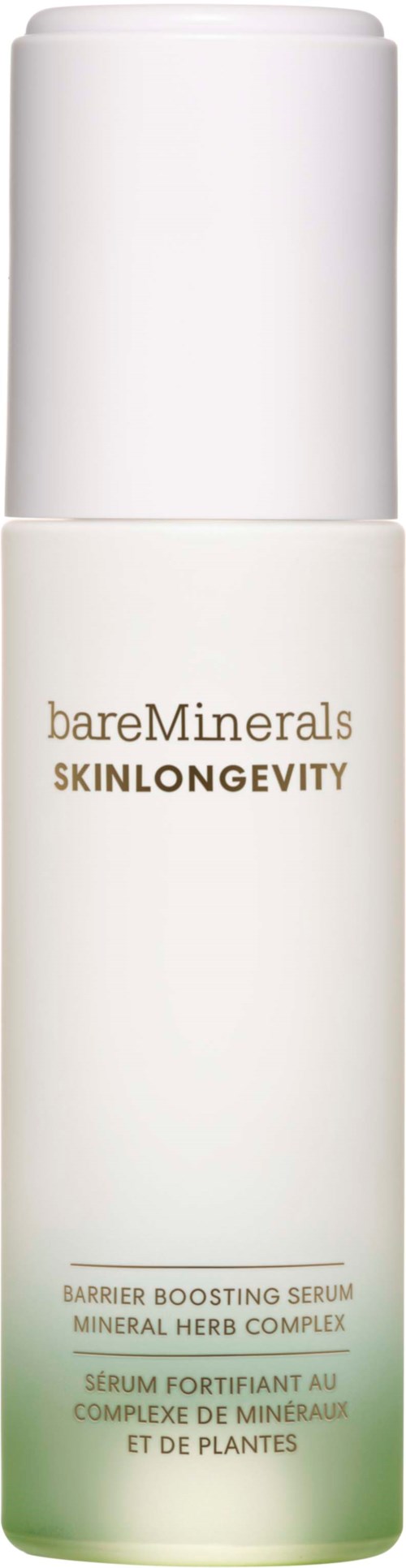 A white bottle labeled BareMinerals Skinlongevity with a white cap.