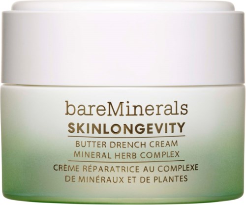A jar of bareMinerals Skinlongevity Butter Drench Cream with mineral herb complex, light green base, white lid.