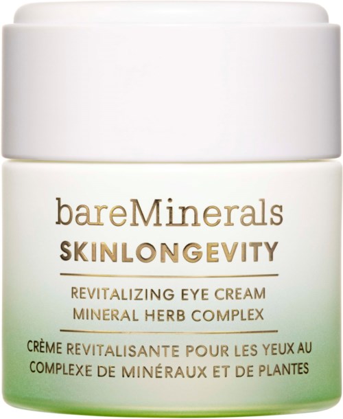 A jar of eye cream labeled 'bareMinerals SKINLONGEVITY', with a mineral herb complex for revitalizing eyes.