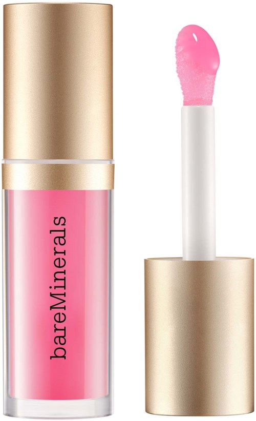 A pink lip gloss with a gold cap and a sponge applicator. The brand is BareMinerals.