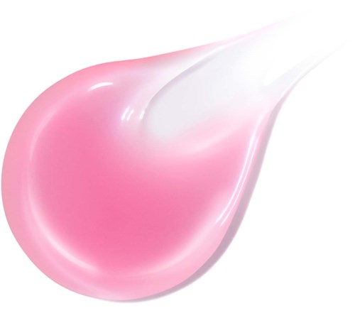 A pink and white liquid drop with shiny surface, smooth shape, on a white background.