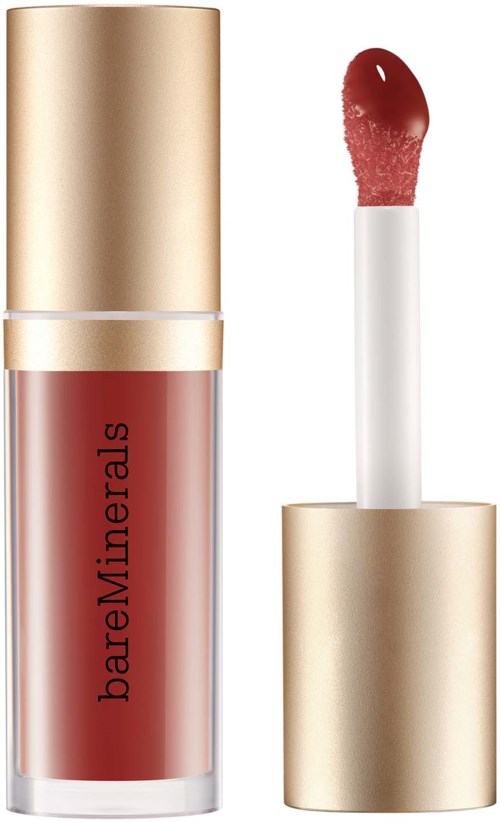 Lip gloss tube with a lipstick applicator, labeled BareMinerals, in gold and clear packaging.