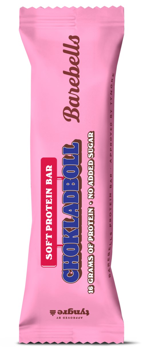 Rozt pink förpackning av en proteinkaka som heter 'Chocolat' och 'Soft Protein Bar' utan socker.