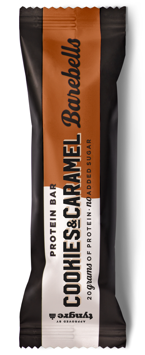 A protein bar in black and orange packaging labeled 'Protein Bar,' 'Cookies & Cream,' with added sugar and no added sugar options.