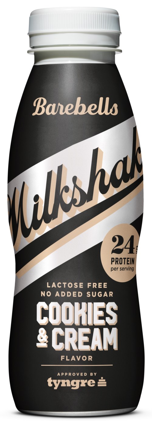 En chokladdryck i flaska som heter 'Milkshake Cookies & Cream', laktosfri, utan tillsatt socker, med 24 gram protein.