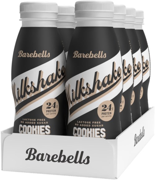 Fem flaskor med Barebells protein cookies med 24g protein, laktosfria, utan tillsatt socker, i en vit displaylåda.