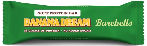 Grønn proteinbar med gul og hvit tekst som sier "Banana Dream" og "Barebells". Den nevner 16 gram protein.
