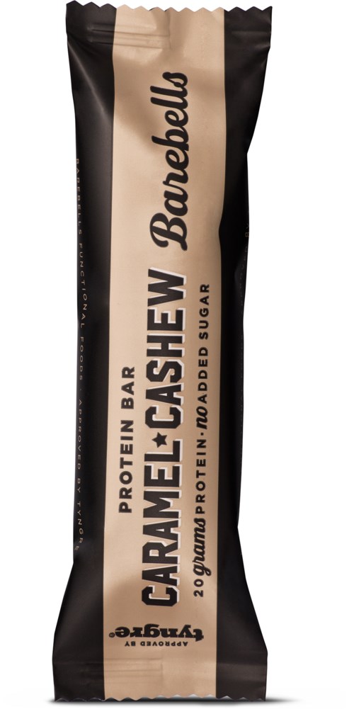 A beige and black protein bar wrapper with the words 'Caramel + Cashew' and 'Protein Bar' on it.