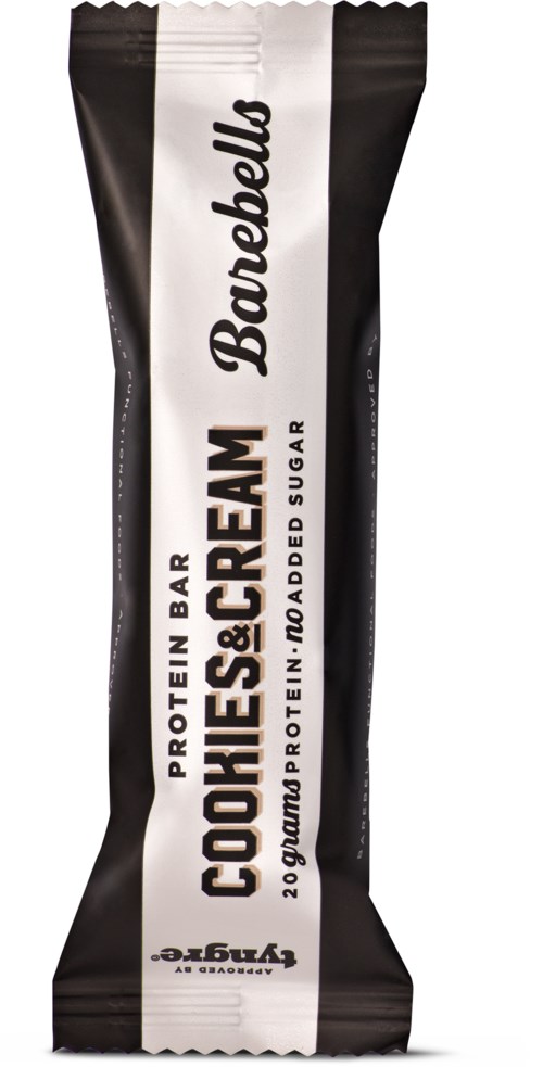 Black and white protein bar wrapper, labeled 'Cookies & Cream' flavor, contains 20g protein and no added sugar.