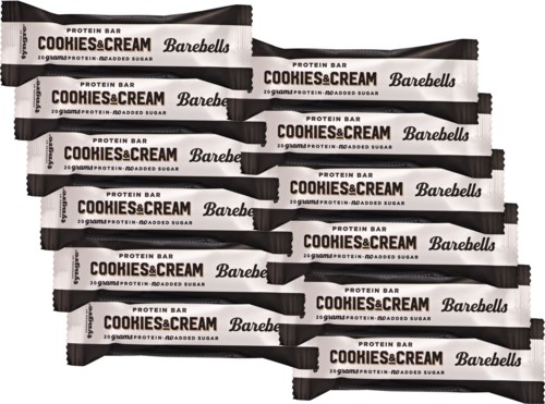 Multiple protein snack bars labeled "Cookies & Cream" and "Barebells" are stacked in layers.