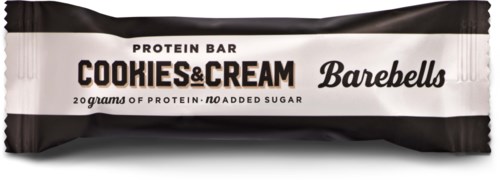 Proteinstav med smak av kjeks og krem, enkel emballasje, angir 20 gram protein, ingen tilsatt sukker.