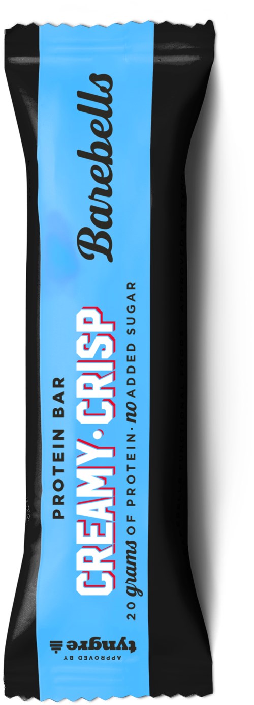 A protein bar package with blue and black colors, called 'Creamy Crisp,' by Bonbell. It is described as high in protein.