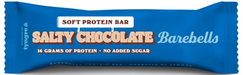 En blå emballasje for proteinbar med teksten som sier at den har salt sjokolad smak. Den nevner 16 gram protein og ingen tilsatt sukker.